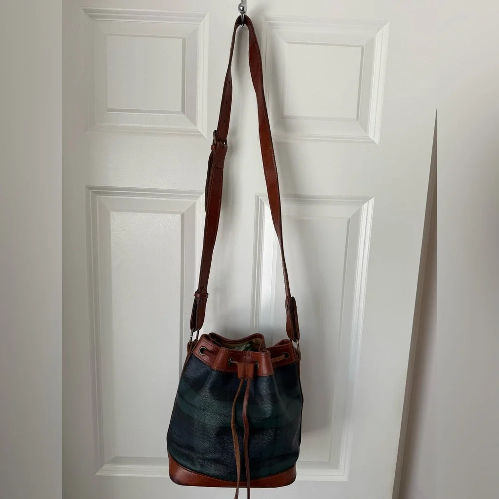 Vintage Polo RALPH LAUREN Green Tartan Plaid Leather Drawstring Bucket Bag 90s - Picture 4 of 16